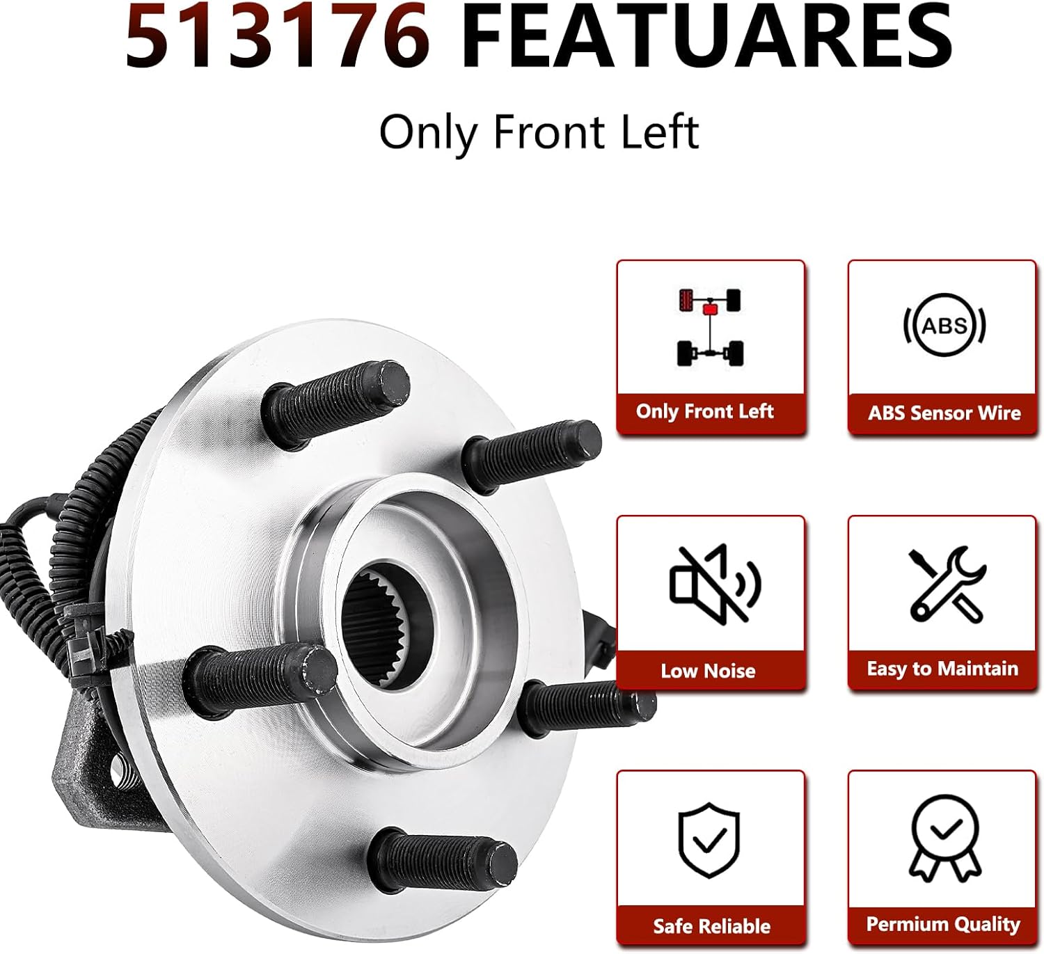 JLEO 513176 Front Left (Driver Side) Wheel Hub Bearing Assembly Replacement Fits for Jeep Liberty 2002-2005 (4-Wheel ABS),for Jeep Liberty 2006-2007 (All Models)
