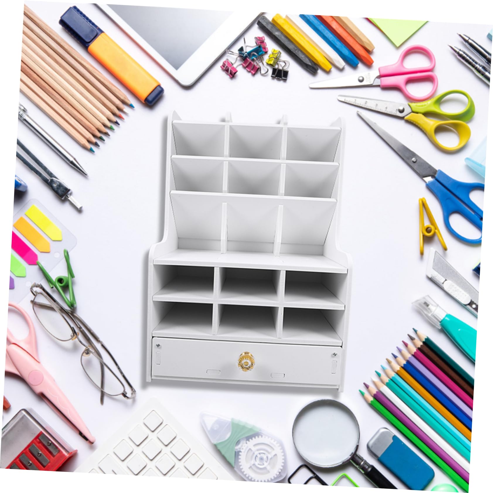 Uonlytech Organizador de Escritorio Cajón de Gran Capacidad en Pvc Madera Plástico Blanco para Oficina y Escuela, Práctico Portalápices Multifuncional y Cómodo de Usar