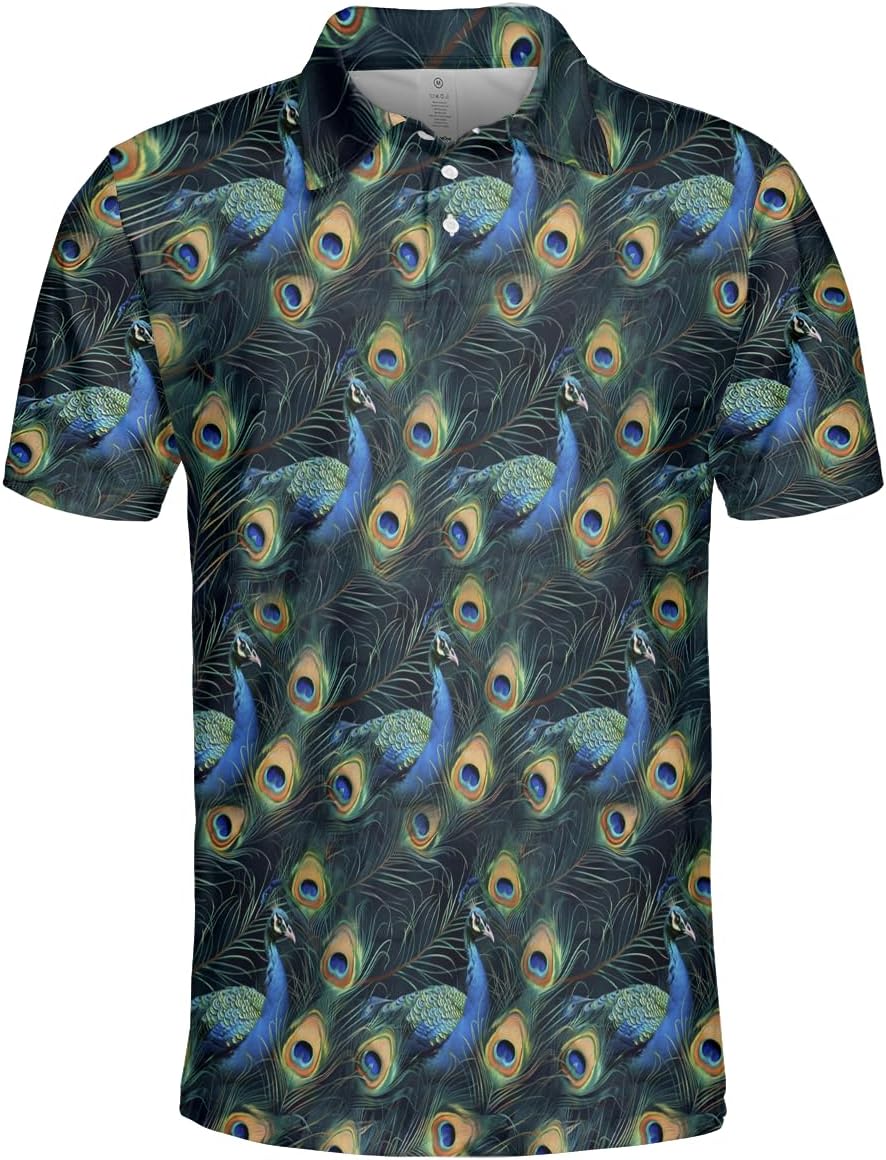 Peacock Polo Shirts for Men Women - Dazzling Peafowl Mens Golf Polo Shirts Short Sleeve Dry Fit Casual Tennis T-Shirt PA80