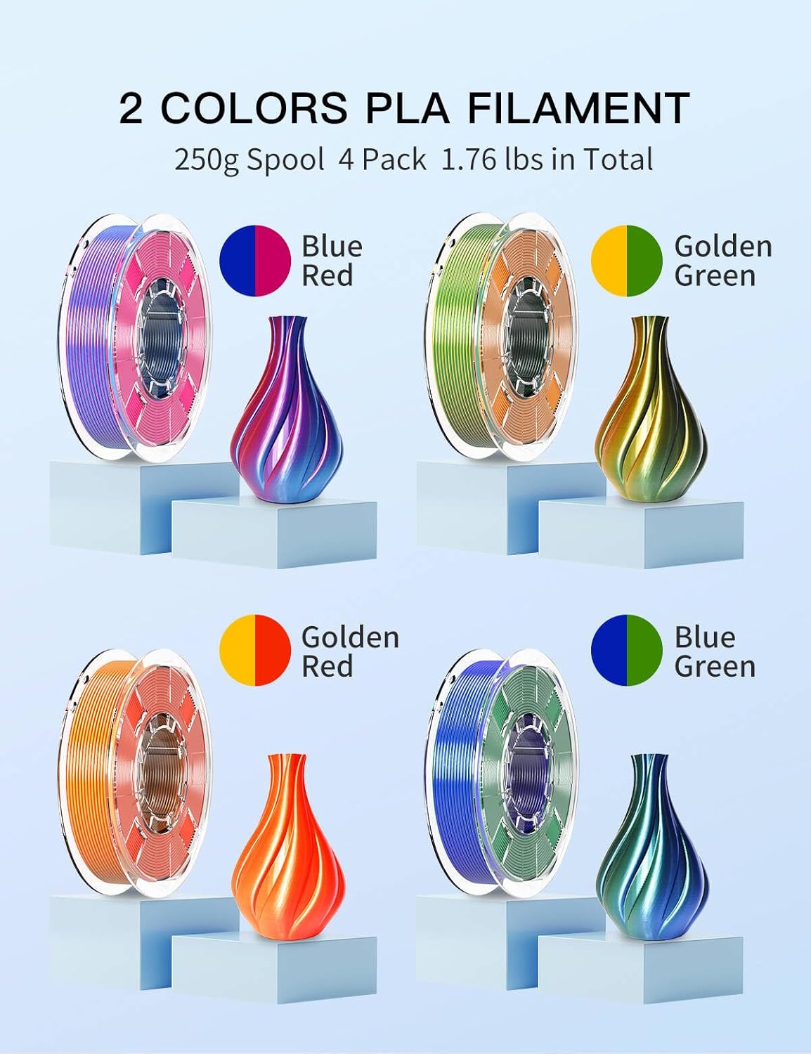 PINBALL Silk Rainbow PLA 3D Printer Filament 1.75mm Shiny Multi-Color Changing Filament 3D Printing PLA Filament Dimensional Accuracy +/- 0.02mm 250g*4 Silk Rainbow