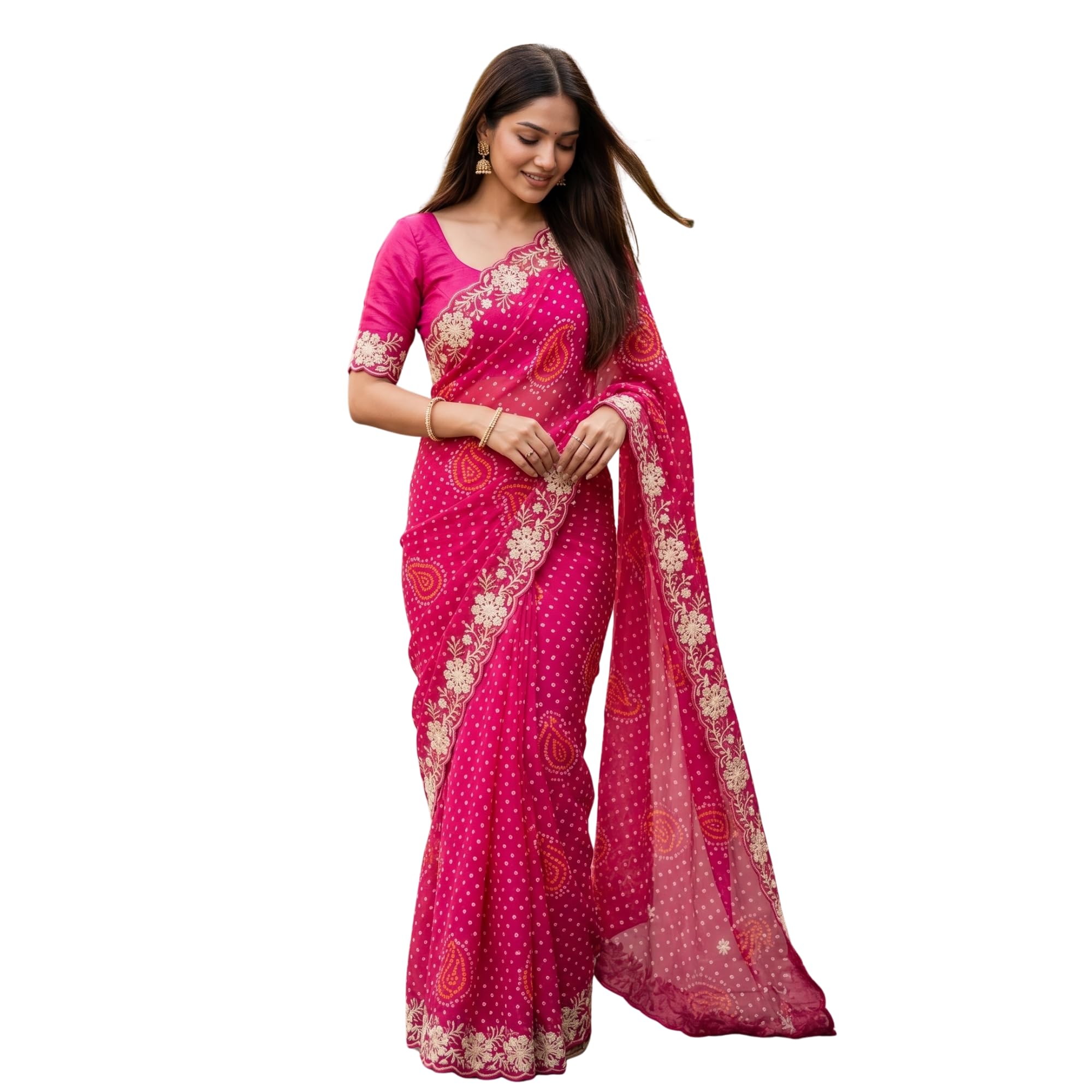 Women's Bandhani Style Pink Saree with Embroidered Border, Soft Lightweight, for Party, Festive and Daily Wear-picture-30
