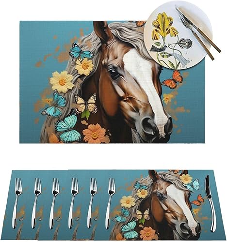 6 PCS PVC Placemats Set Place Mats A Horse with Flowers and Butterflies Non-Slip Weave Place Mats 12" x 18" Farmhouse Durable Table Mat Set for