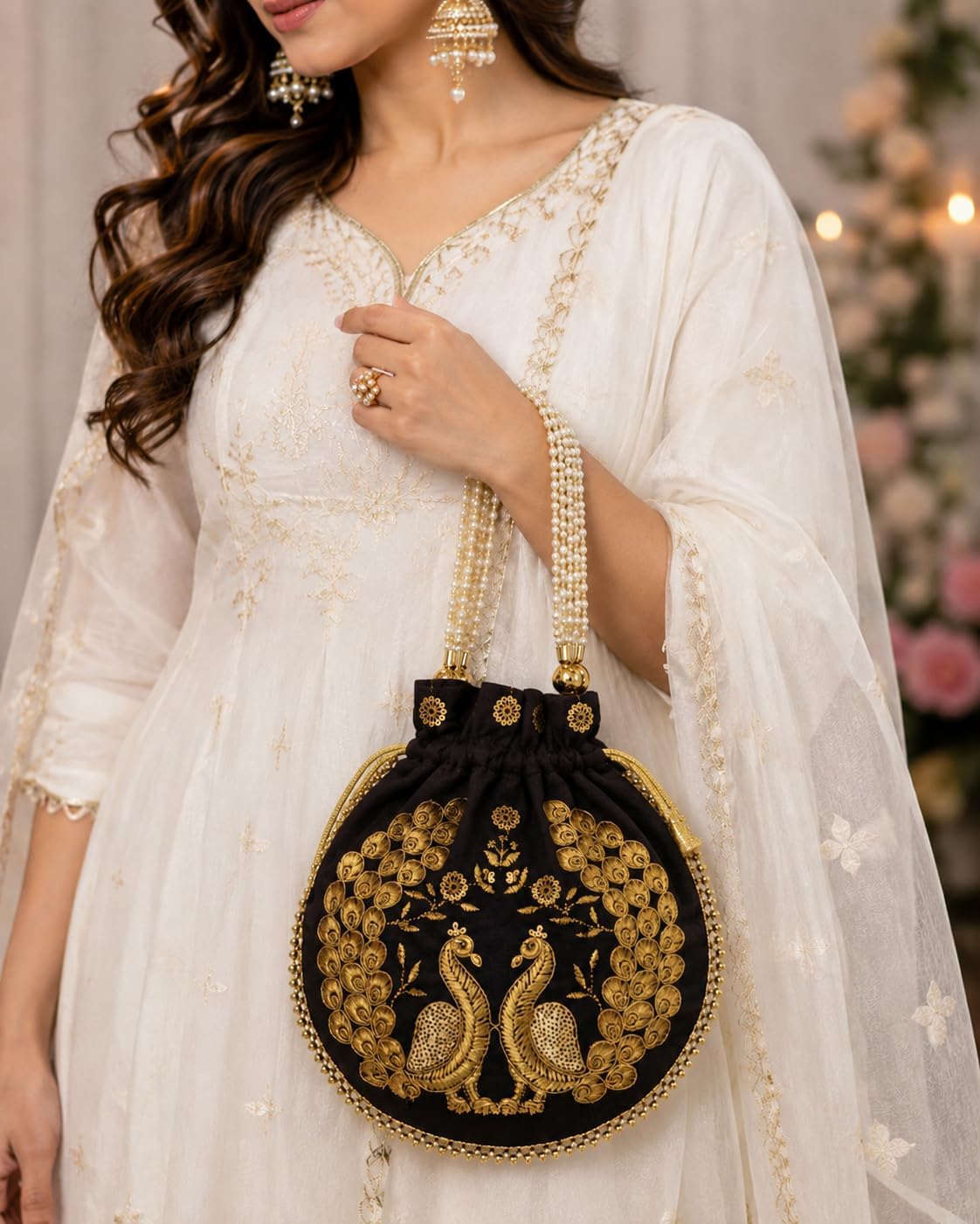 Women's Velvet Embroidered Potli Bag Purse Pouch Drawstring Bag Golden Work Wedding Gift for Women