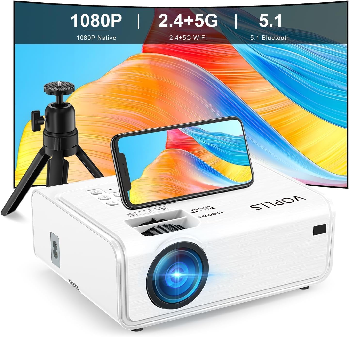 Electric Keystone Projector, VOPLLS 1080P Full HD Projector with WiFi and Bluetooth, Outdoor Home Theater Movie Projector, 50％Zoom, Compatible with HDMl, USB, AV, Smartphone/Tablet/Laptop (20000L)