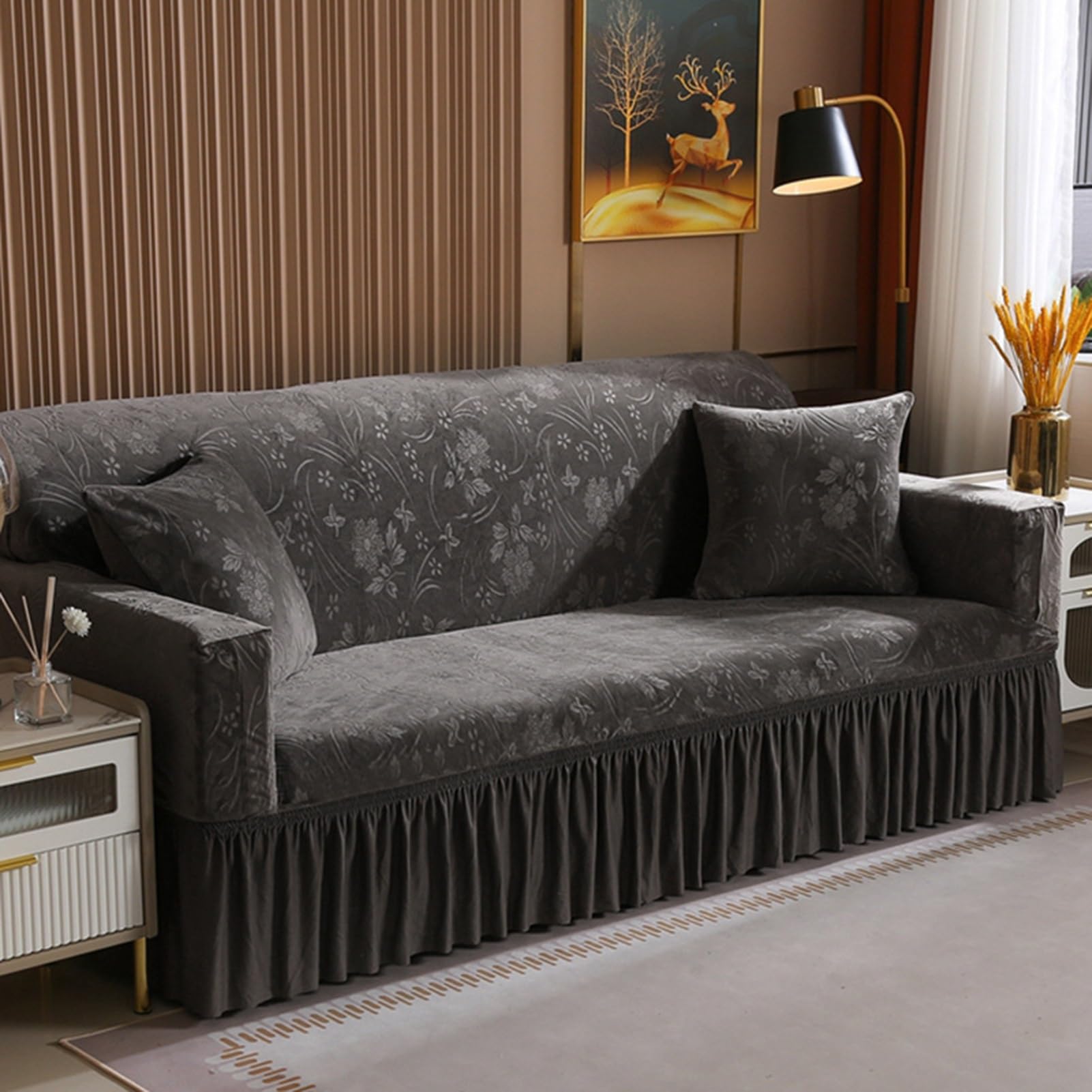 Gleedipre Elasticity sofa cover crystal European style skirt Sofa fitted sheet Double anti-slip dust-proof All-inclusive protective case(Dark Gray,3 seater(190-220 cm/74.8-86.6 in))