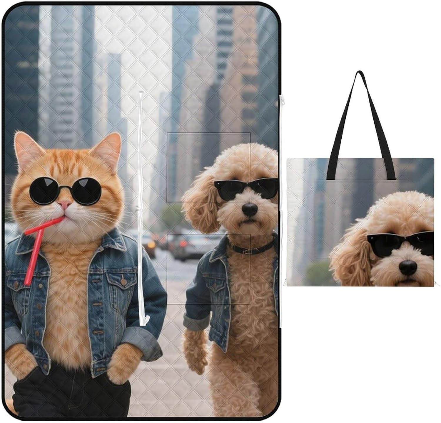 Cool Cat and Dog Picnic Blanket 150x150cm, Foldable 2-in-1 Picnic Mat and Tote Bag Portable Waterproof Beach Mat Sandproof Outdoor Blanket for Park, Hiking, Beach, Camping, Travel