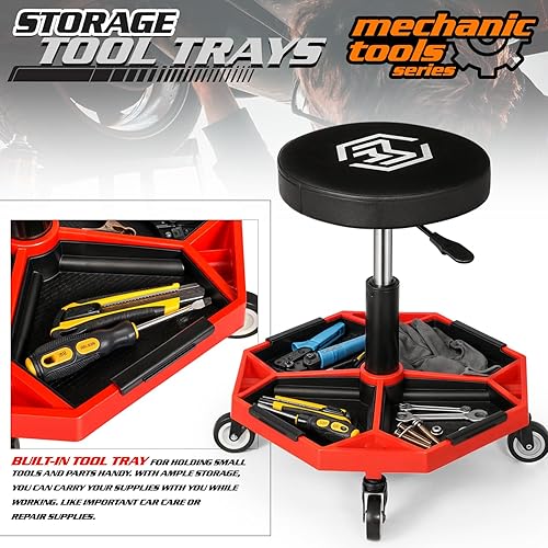 Miniatura 4 de M-AUTO Taburete de garaje móvil neumático con bandeja para equipos y ruedas todo terreno, capacidad de 300 libras, asiento de rodillo mecánico de