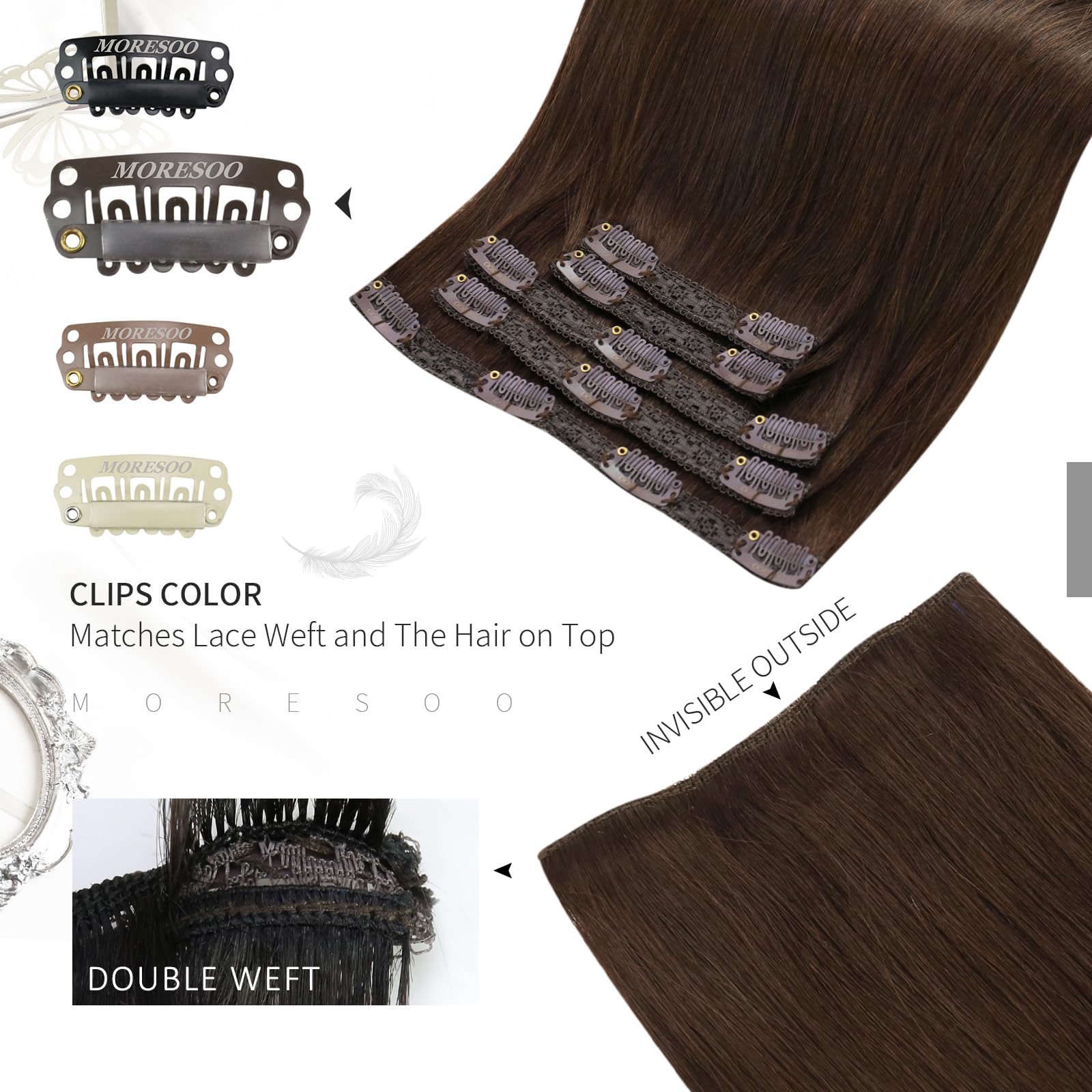 Moresoo Clip in Hair Extensions Real Human Hair 20 Inch Dark Brown Clip in Human Hair Extensions Brown Straight Human Hair for Women Adding Volume Natural Looking 5pcs/80G #4 - Image 4