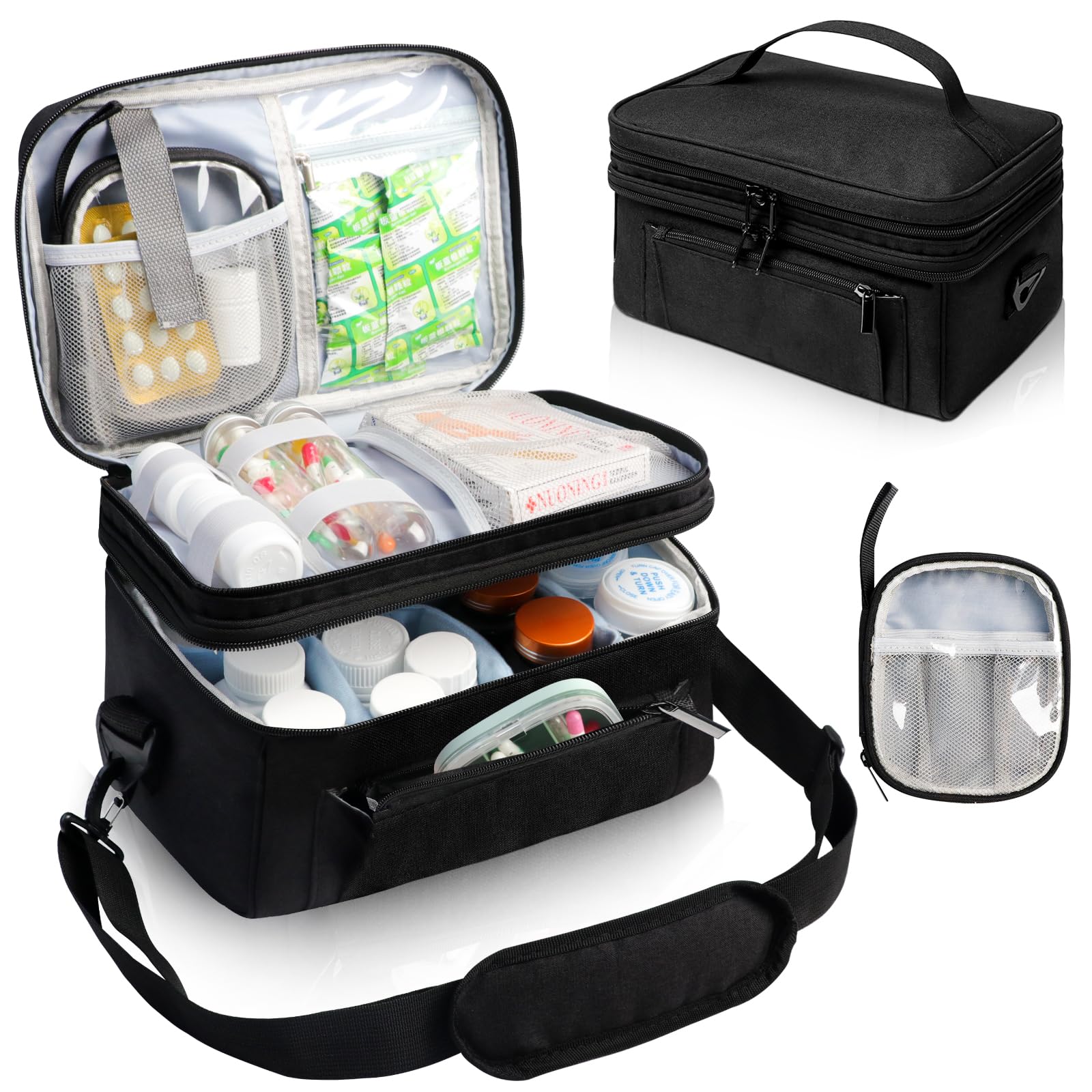 Tesuko Medicine Bag for Traveling with Portable Small Pouch, Double Layer Pill Bottle Organizer Storage Case with Lockable Zippers, Carrying