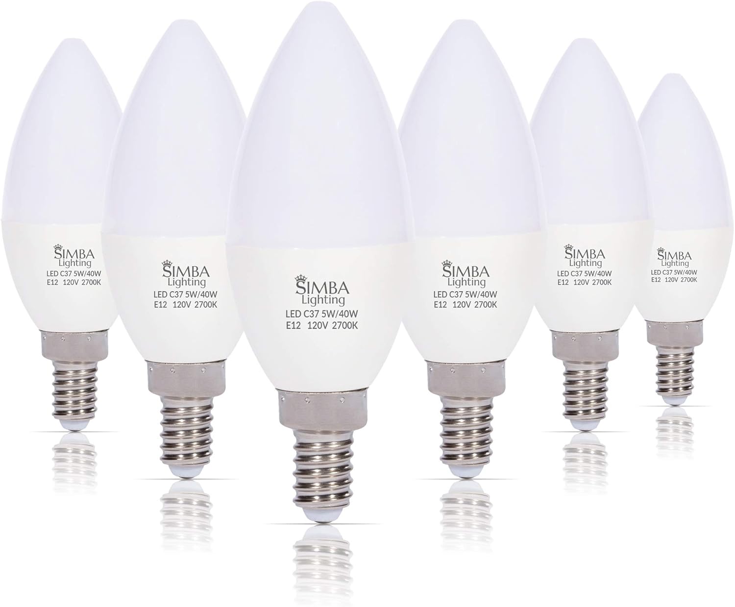 Simba Lighting LED Candelabra Light Bulbs B11 (C37) Candle Shape E12 Base (6 Pack) | Decorative 5W 40W Replacement 110V, 120V for Chandelier, Ceiling Fan, PC Cover, Non-Dimmable, Warm White 2700K