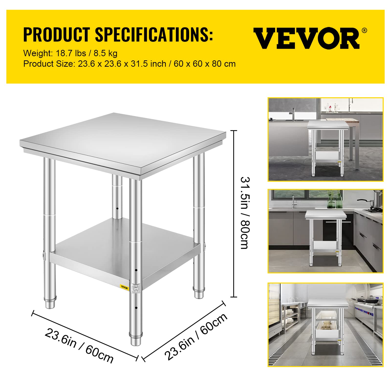 VEVOR Edelstahl Arbeitstisch 60 cm x 60 cm Essenszubereitung für die Zubereitung von Mahlzeiten, Nähen, Waschen, Basteln, Garagennutzung usw.