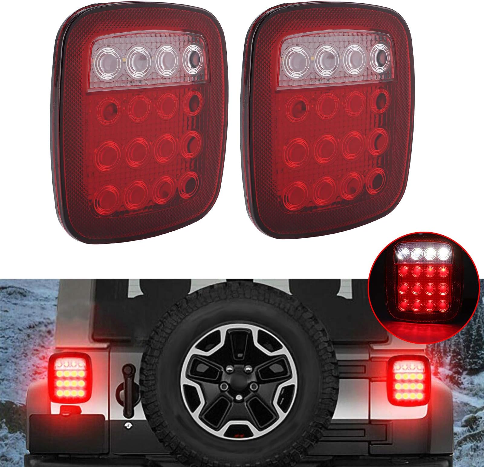 Ymiko Reversing Tail Light, 16LED Reversing Light Dual Color Red White Side Marker Lamp Square-for Shape Fit for JK TJ CJ YJ 1976?2006