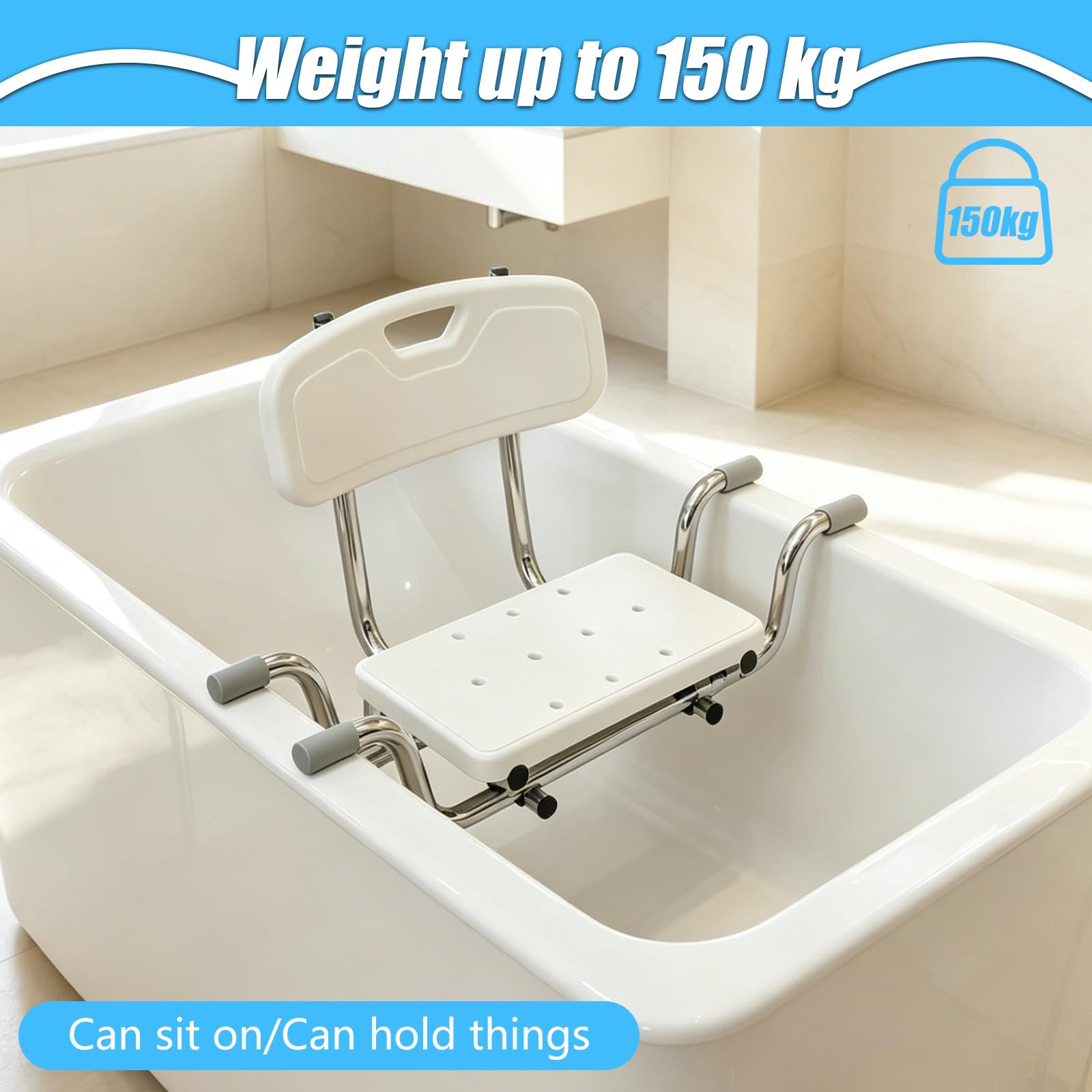 Asiento de bañera con Respaldo, Asiento de Ducha Banco de Ducha para bañera, Tablas de bañera Extensibles de 72-82cm, Extensible Blanco, Capacidad de Carga 136 kg Asiento de bañera (B)