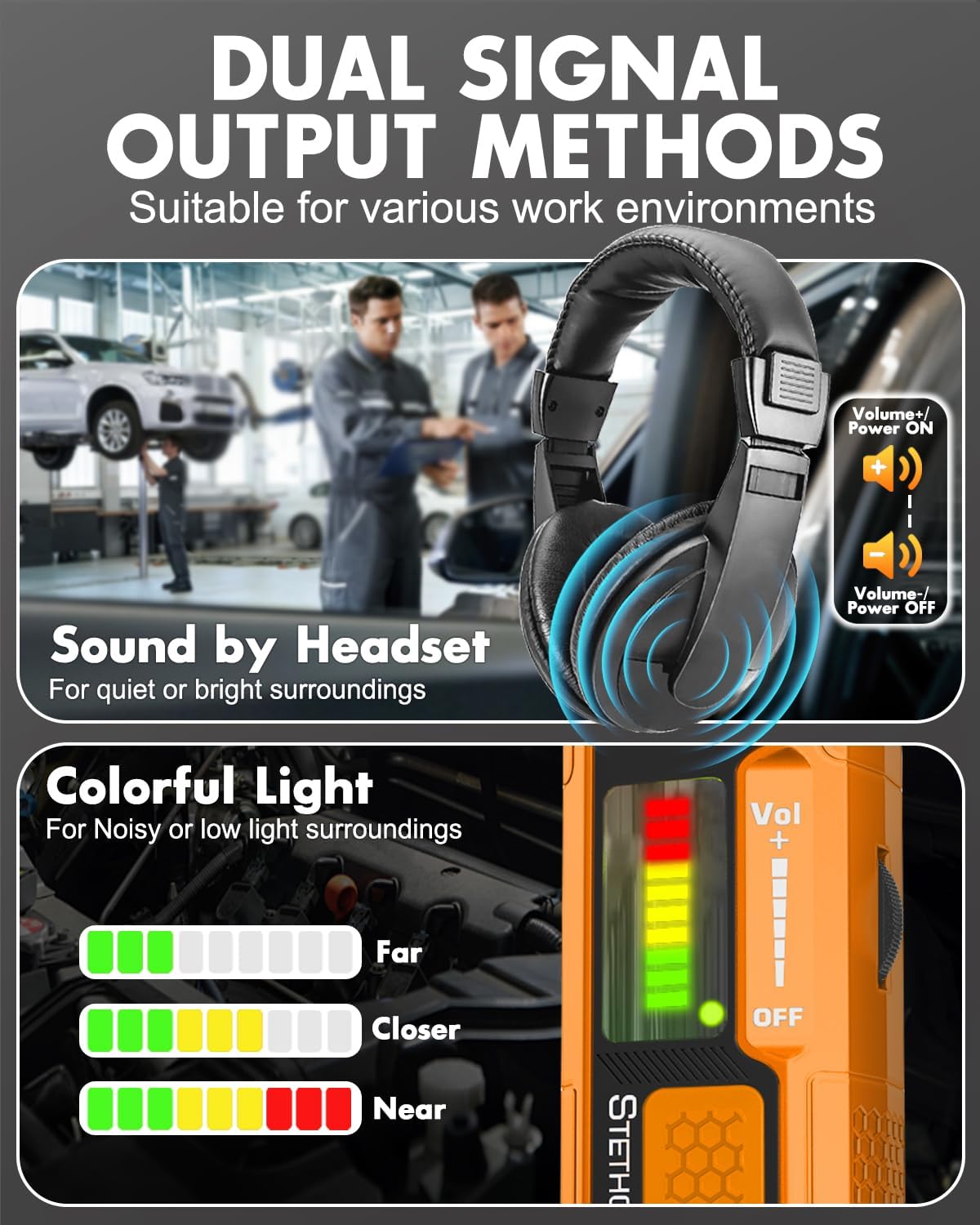 Elektronisches Mechaniker-Stethoskop, Automobil-Motorgeräusch- und Leckdetektor-Werkzeug-Set mit verstellbarem Headset, Doppelsonden und EVA-Gehäuse, Frequenzbereich 20 Hz - 20 kHz für Lager