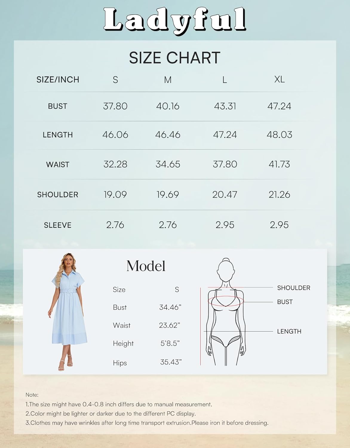 Ladyful Women Casual Button Down Shirt Dress Short Wing Sleeve Buiness Midi Shirt Dress with Belt Elegant Dress - Image 7