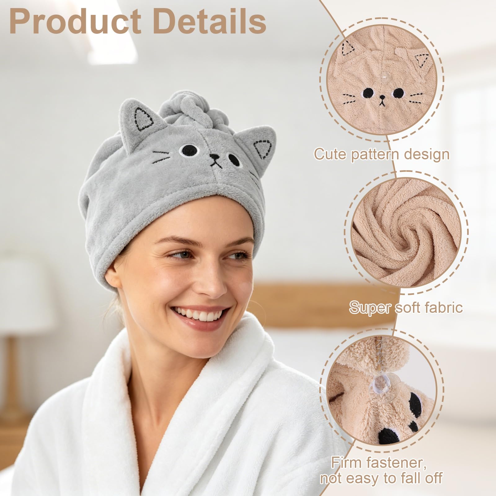 2 Pezzi Asciugamano per Capelli In Microfibra, Asciugamani da Doccia con BottoniCuffia per Capelli Secchi Super Assorbente,Asciugamani in Microfibra, Morbidi e confortevoli