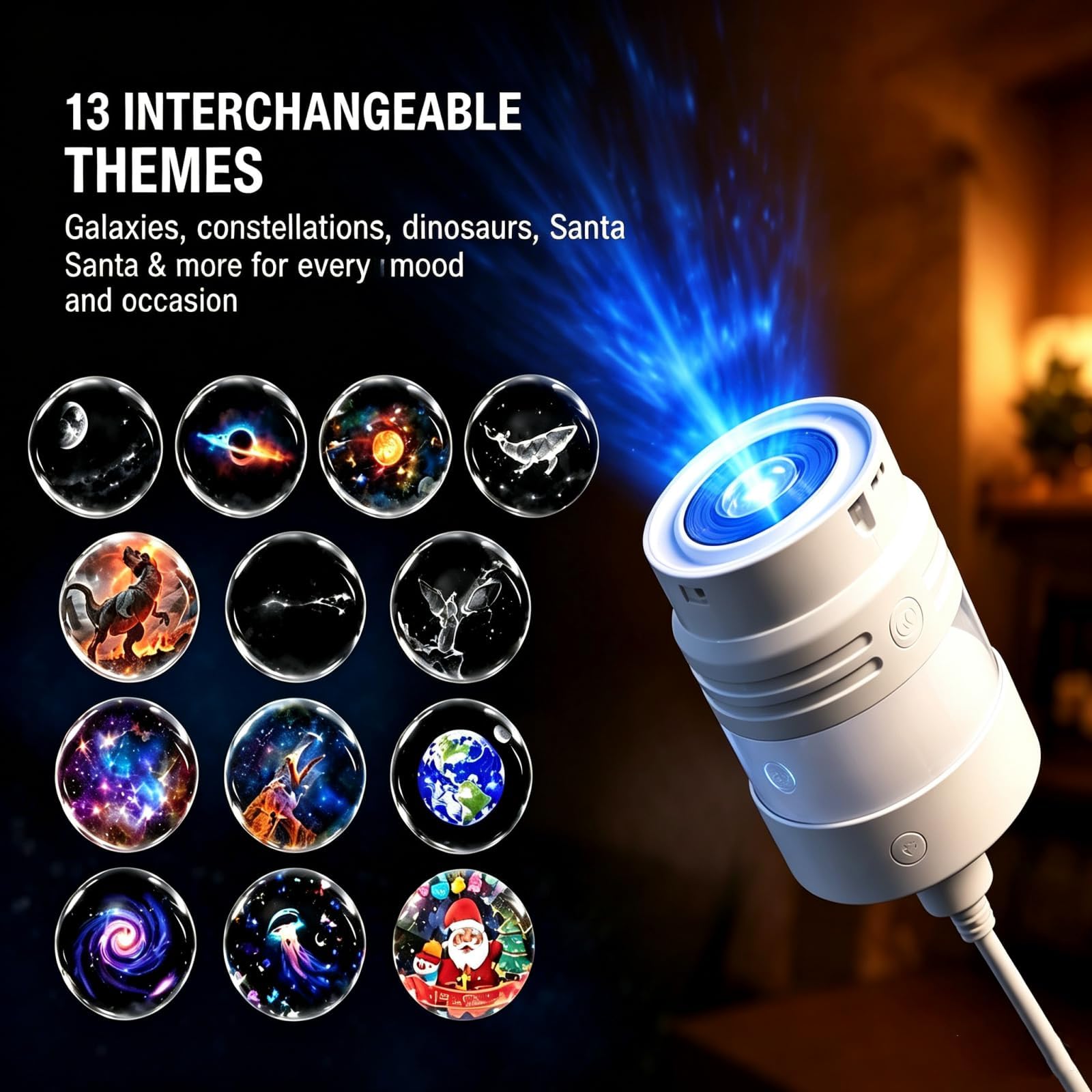 Galaxy Projector Night Light, Hd Smart Dynamic 5d Holographic Night Light Projector, USB Plug Star Projector 360° Adjustable Mini Ocean Projector for Bedroom Ceiling Wall (13 Projection Films)