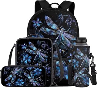Aesthetic Dragonfly Backpack for Teen Girls 4PCS Middle School Bag Lunch Box Water Bottle Holder Set Large Capacity Book Bags Rucksack Hiking Outdoor Travel Daypack Laptop Bag