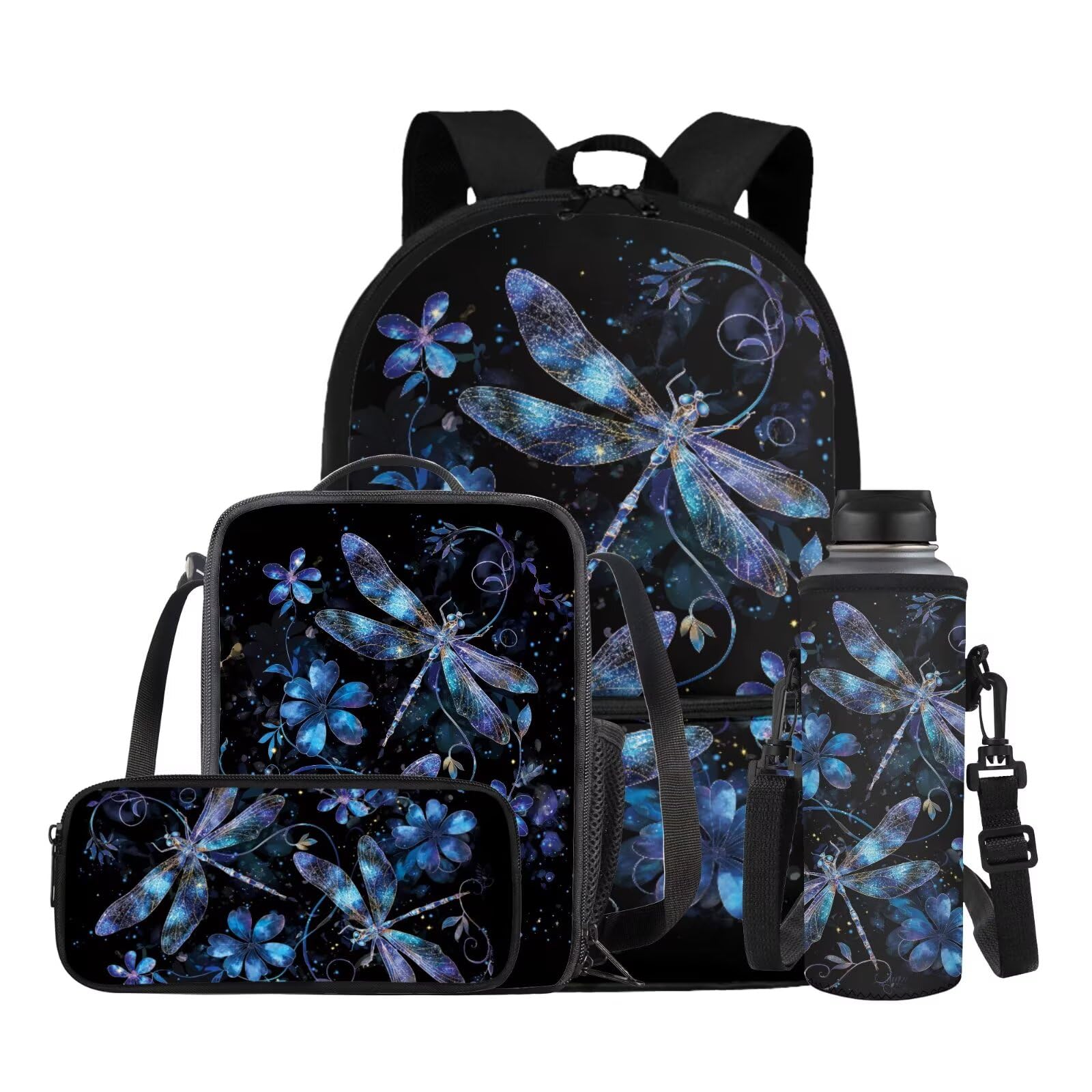 YECARYPOD Aesthetic Dragonfly Backpack for Teen Girls 4PCS Middle School Bag Lunch Box Water Bottle Holder Set Large Capacity Book Bags Rucksack