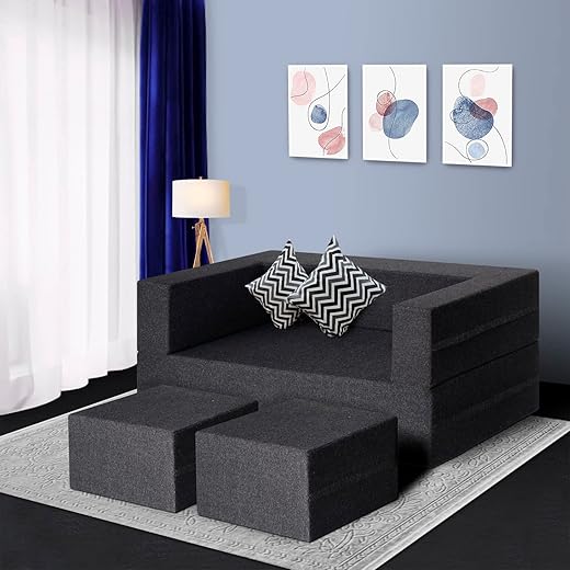 FRESH UP 2 Seater Sofa Bed Jute Fabric 5x6 Feet Washable Cover with 2 Printed Cushion and 2 Foot Stools/Pouffe (Dark Grey, 5x6 Feet) 2-Person Sofa