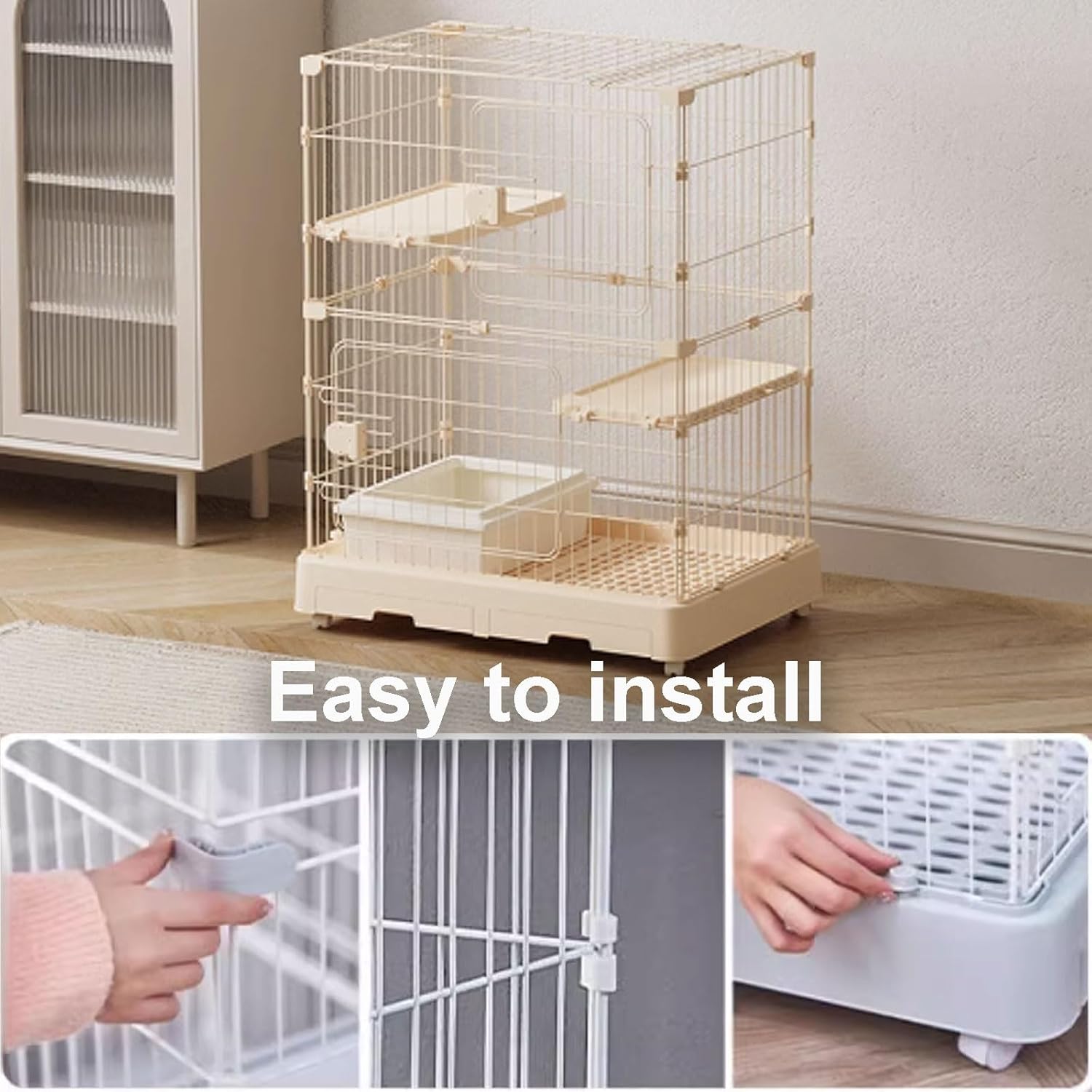Beige Cat Cage, Cat Crate, Enclosed Cat Playpen, Catio Indoor Cat Enclosure with Litter Box with Storage Easy to Install for Small Animals(69x46x93cm)