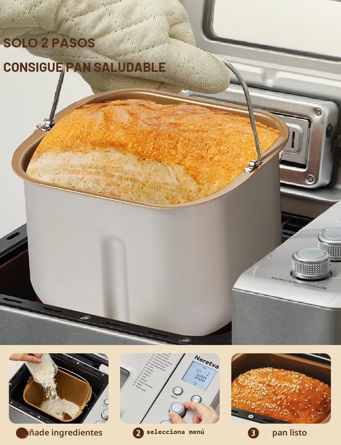 Neretva Panificadora de Pan, Dispensador Auto & Ultrasilenciosa(<30dB) Panificadora con Doble Elemento Calefactor & Antiadherente Cerámica 1KG & Temporizador, 17 Programas-Gluten/Masa Madre/Integral