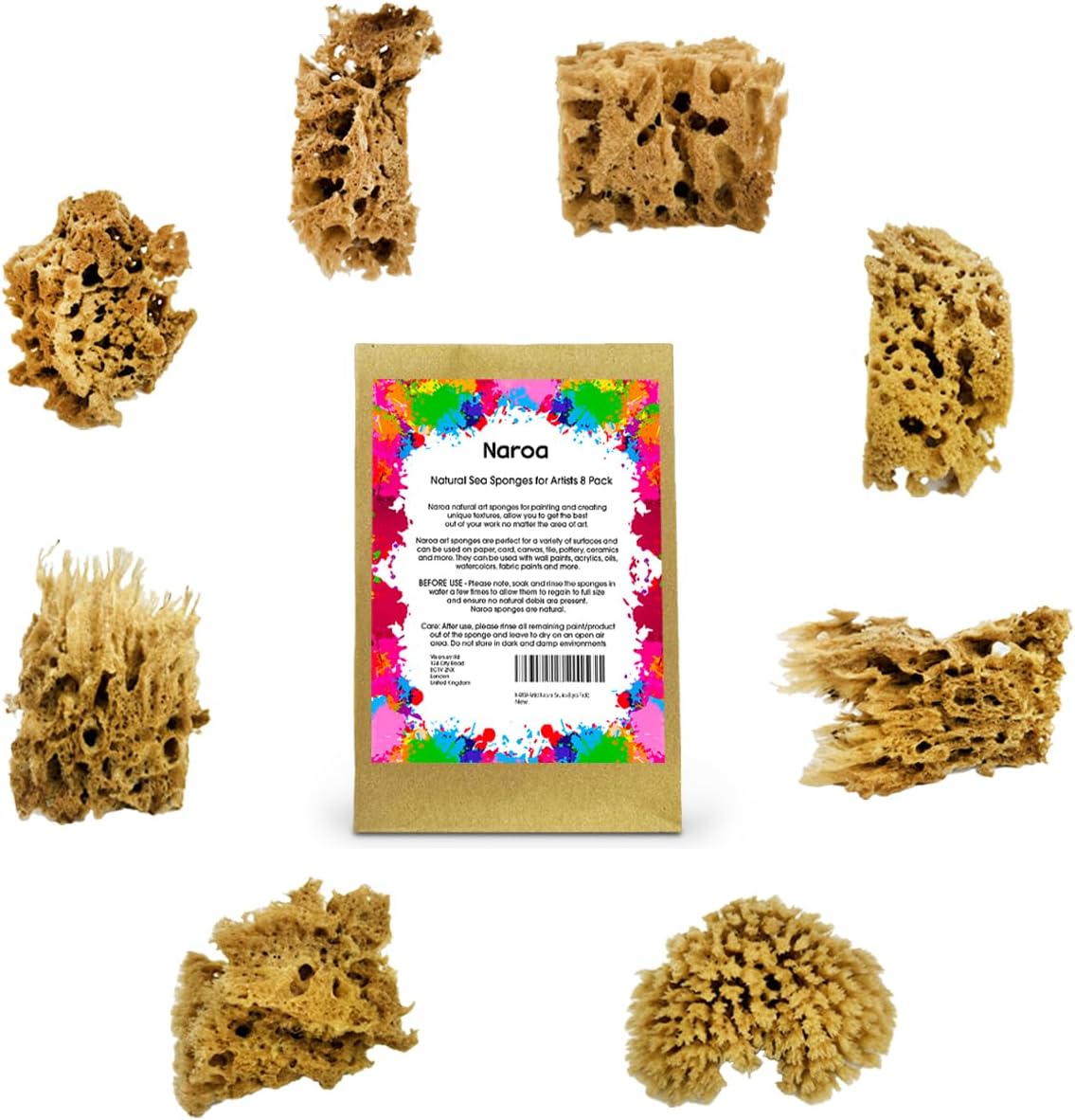 NAROA Artist Natural Sea Sponges for Painting | Unbleached Unique Sponges Set | Acrylic Watercolor, Marbling, Texturing, Pottery, Ceramics (8 pcs Pack - Small)