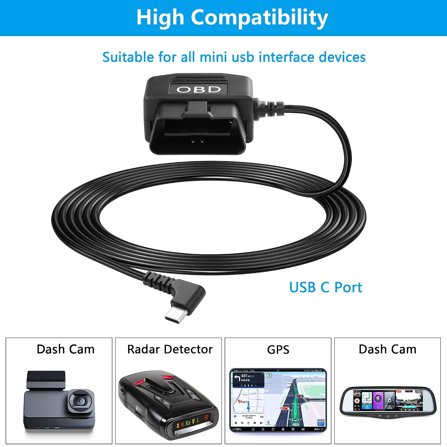 CERRXIAN OBD Power Cable for Dash Camera OBD2 to Type C Adapter Hardwire Charger Cable 24 Hours Surveillance/Acc Mode with Low Voltage Protection 13-40V to 5V 3A (11.5FT/3.5M) (Right Angle USB C) image 5