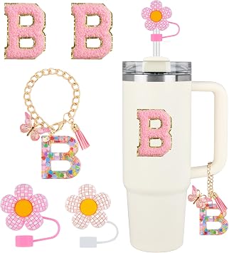 Stanley Cup Accessories, 5PCS Tumbler Initials Decorations, Straw Toppers for Cup Straw Cover Cap, Cute Letter Charms for Stanley 40 oz 30 oz Tumbler, Sticker B