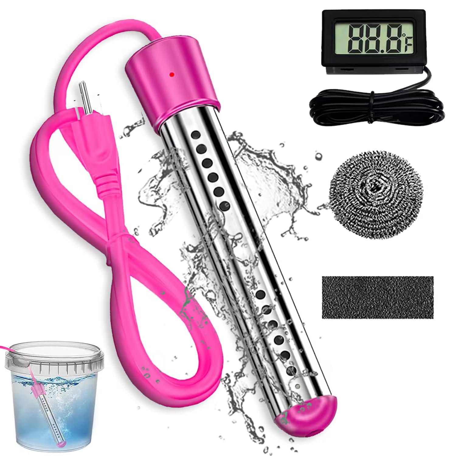 Portable Immersion Water Heater,Electric Pool Water Heater for Above Ground Pool Bathtub,Anti-scalding Bucket Heater Camping Water Heater Heat 5 Gallons of Water in Minutes(Pink)