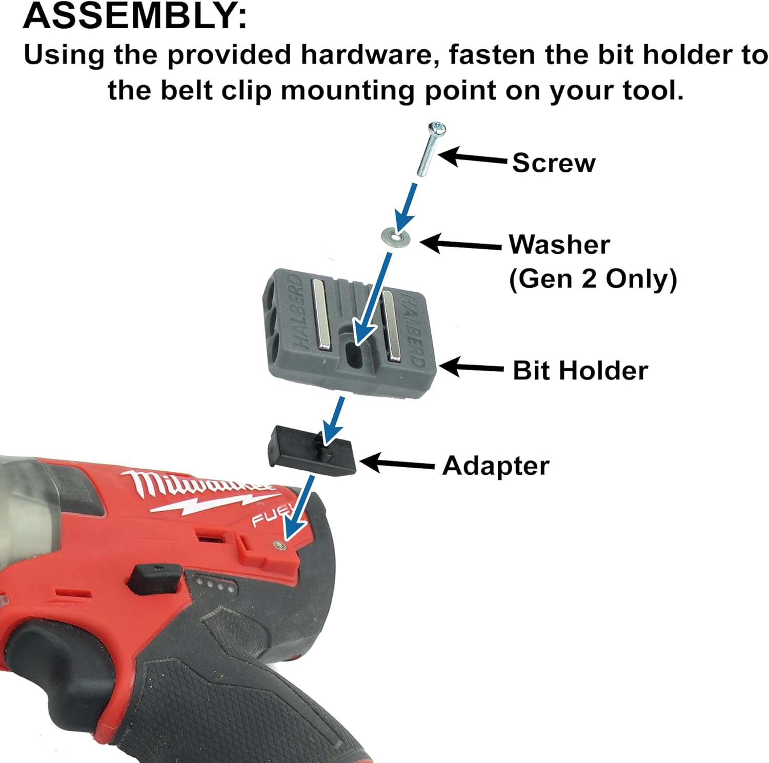 Halberd Standard Bit Holder for Gen 2 and Gen 3 Tools, Securely Screws to Belt Clip Mount, for Milwaukee M12 Gen 2 and Gen 3 Tools Only (2 Pack, Standard)