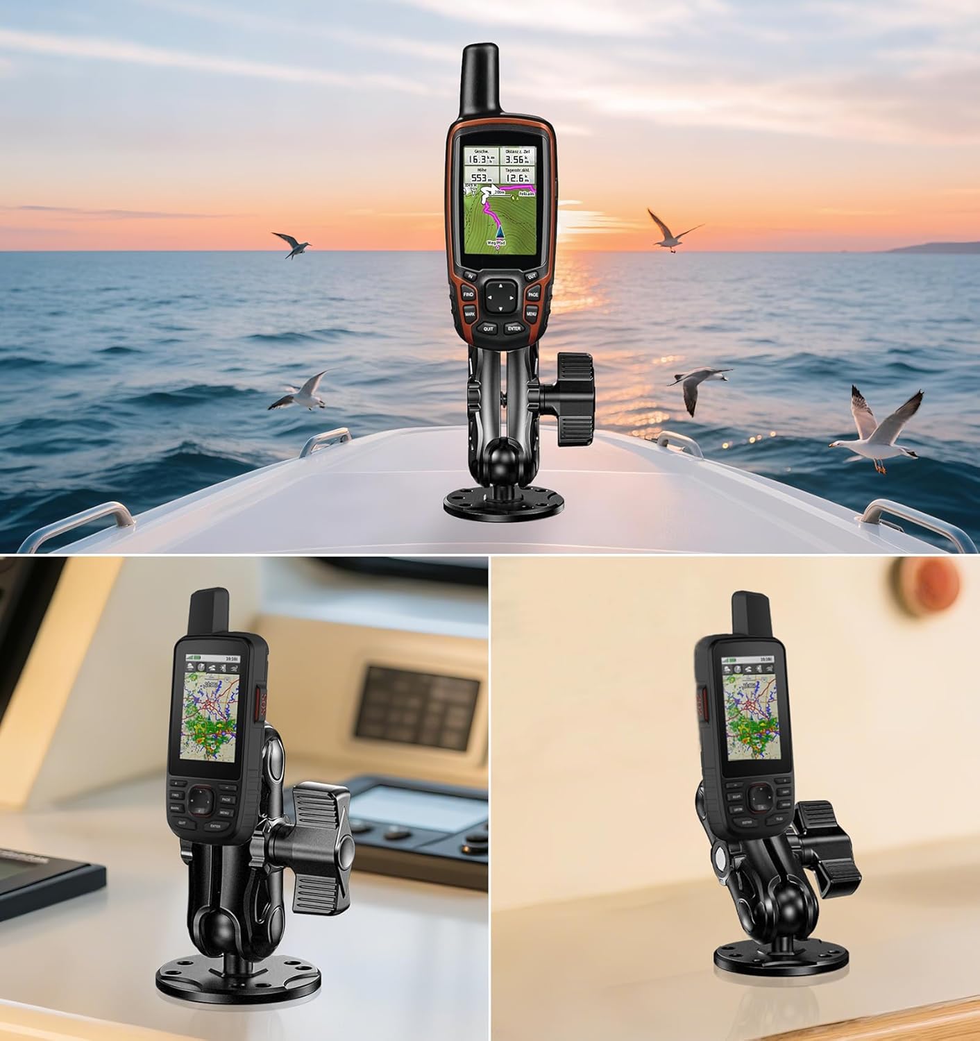 Aluminum Alloy 1" Ball GPS Mount with Industry Standard AMPS Hole Diamond Plate & Round Base, 3.5" Medium Arm for Garmin Handheld Navigation Device, Compatible with RAM Mounts Spine Mount Phone Holder
