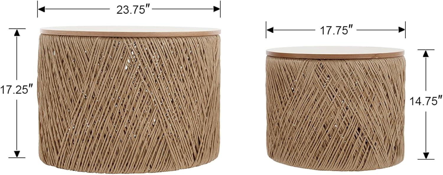 chairus Nesting Coffee Table Set of 2 Boho Round Living Room Tables with Storage Woven Rattan Center Table for Living Room, Bedroom, Lounge, Guests Room, Waiting Room, Natural