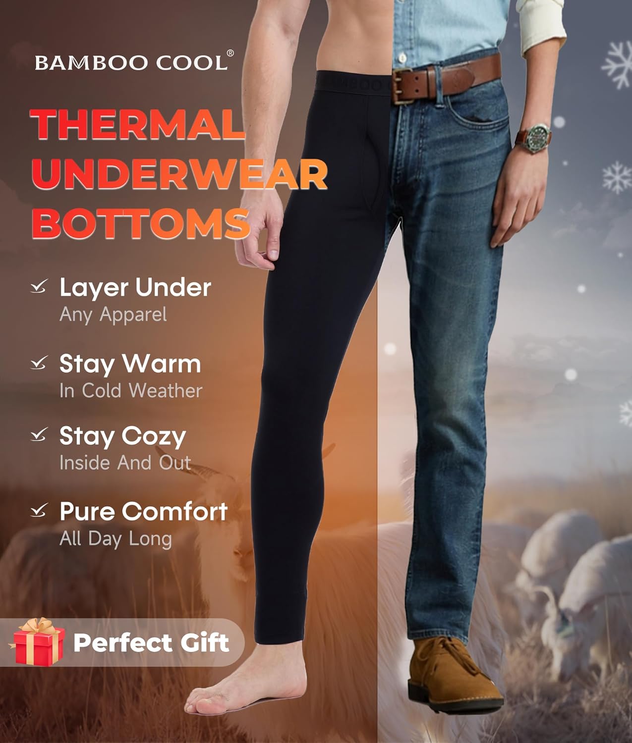 Men's Thermal Underwear Long Johns Bottom with Soft Warm Lining, Heavyweight, Lightweight Cold Weather Base Layer Pants