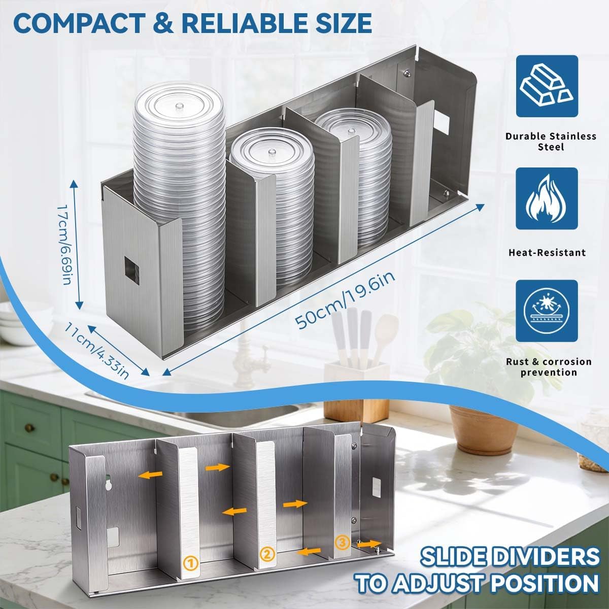 4-Compartment 304 Stainless Steel Cup Dispenser with Adjustable Dividers, Cup Holder Lid Dispenser - Measuring Cup Tumbler & Lid Organizer for Kitchen Cabinets, Cafe, Meeting rooms & Restaurant