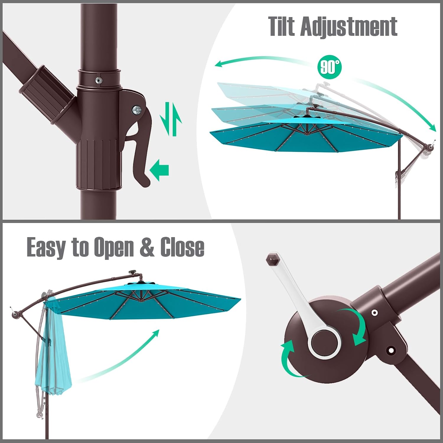 HAPPYGRILL 10FT Solar LED Cantilever Patio Umbrella, Hanging Offset Umbrella with Sand Bags, Easy Tilt Adjustment and 8 Ribs, Outdoor Market Umbrella for Backyard, Deck and Poolside