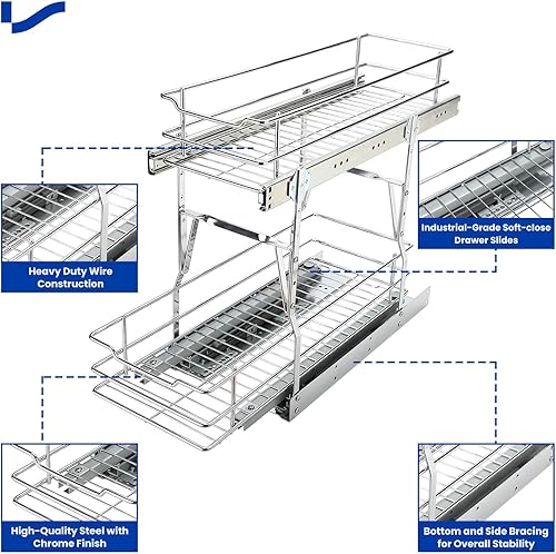 Miniatura 5 de LONTAN Organizador de armario extraíble de 9 pulgadas de ancho x 21 pulgadas de profundidad, estantes extraíbles de 2 niveles, organizador de cocina