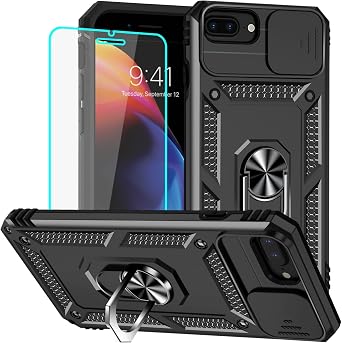 HNHYGETE for iPhone 8 Plus Case, iPhone 7 Plus Case with Screen Protector [Military Grade 20ft. Drop Tested] Ring Shockproof Protective Phone Case for - iPhone 8/7 Plus Black