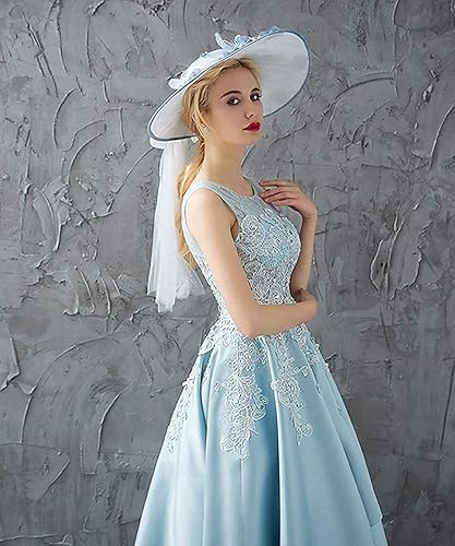 Hi Low Satin Long Prom Dress Scoop Neck Party Formal Gowns with Pocket Appliques Evening Party Dress(White,20 Plus)