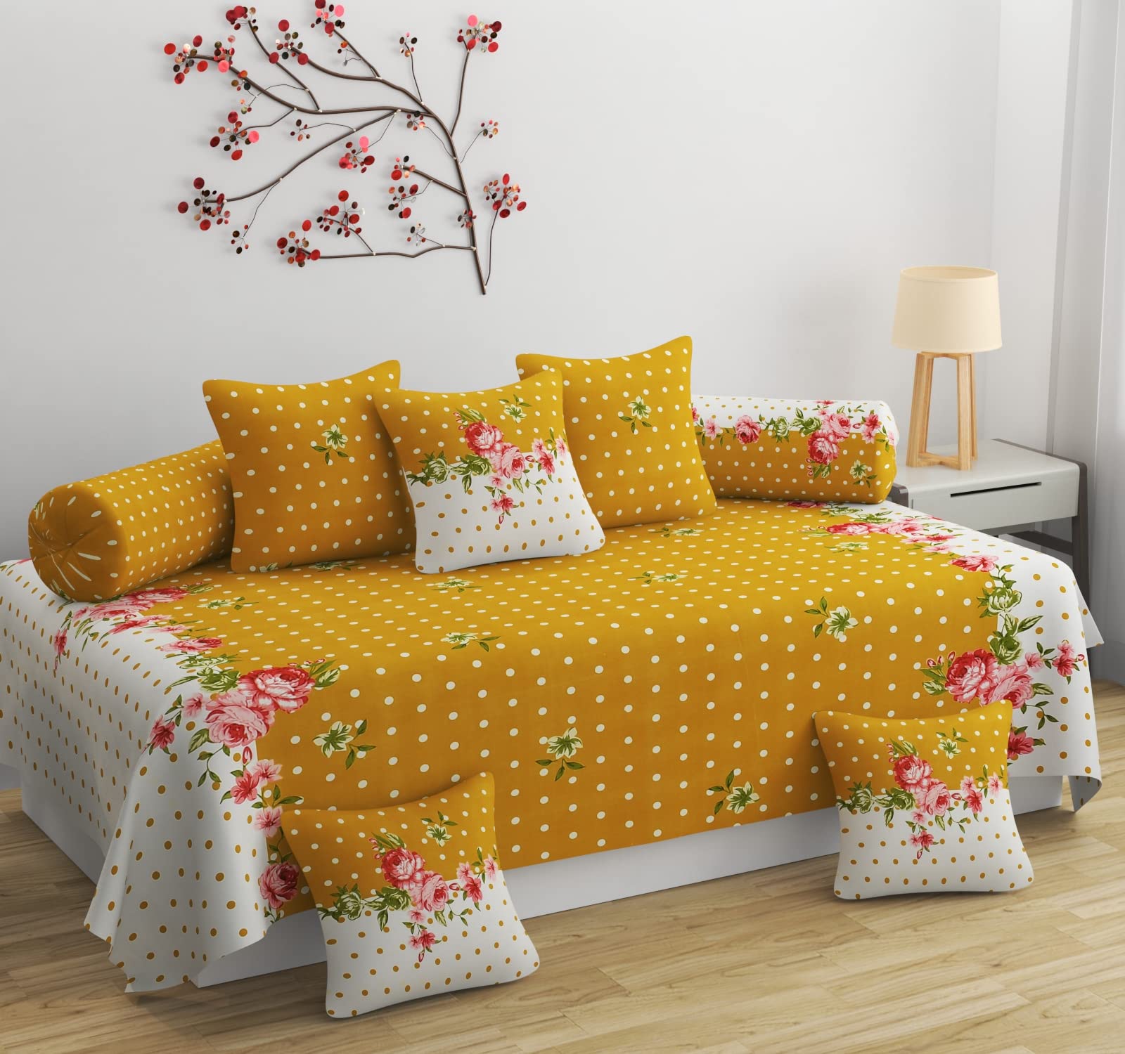 APALA Super Soft Glace Cotton Floral Print One Single Bedsheet with 5 Cushion Cover,2 Bolster (Yellow)-image-44