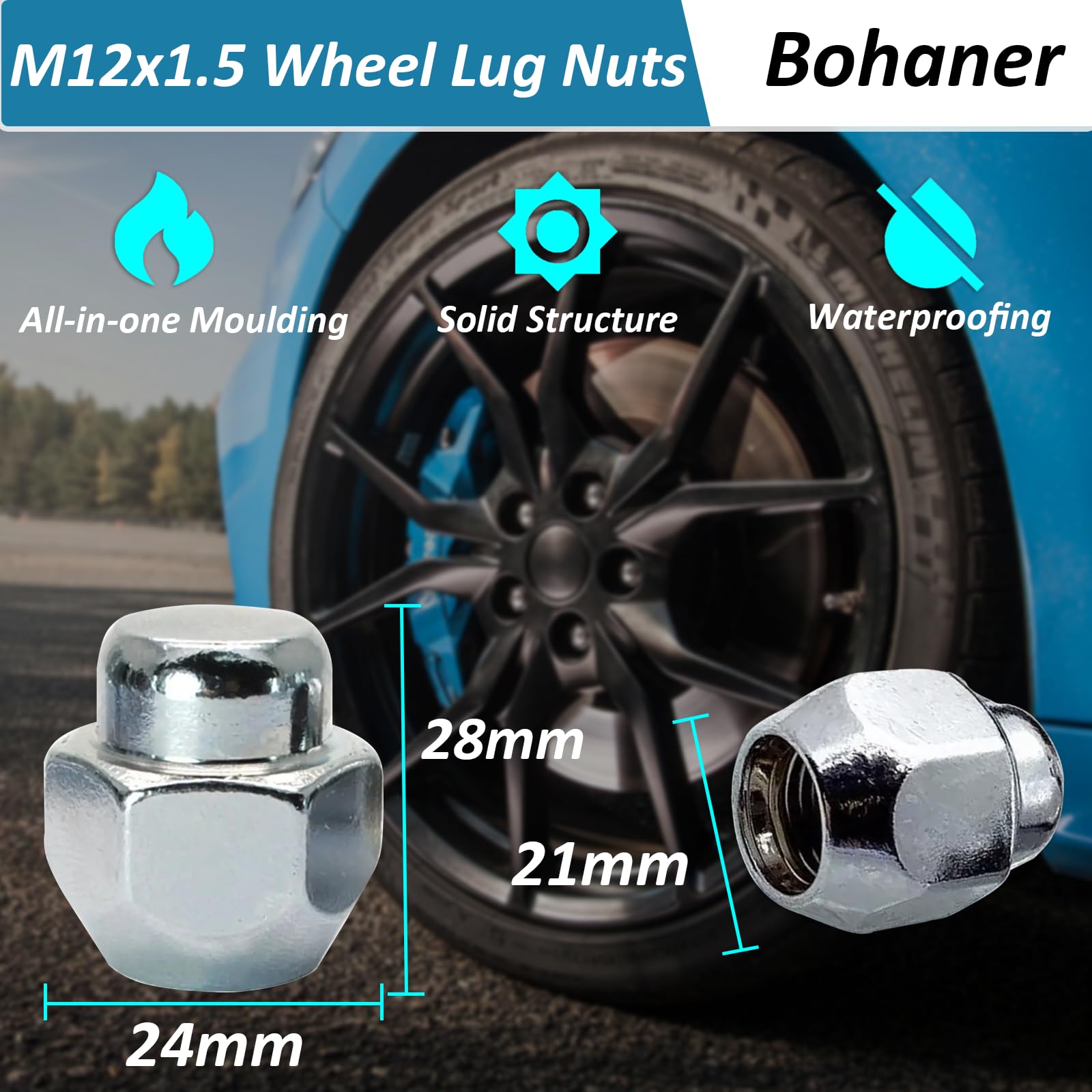 Lot de 4 écrous de roue hexagonaux en acier au carbone M12 x 1,25-21 mm - Argenté - Pour Infiniti ESQ Nis-san Teana Tiida Yida