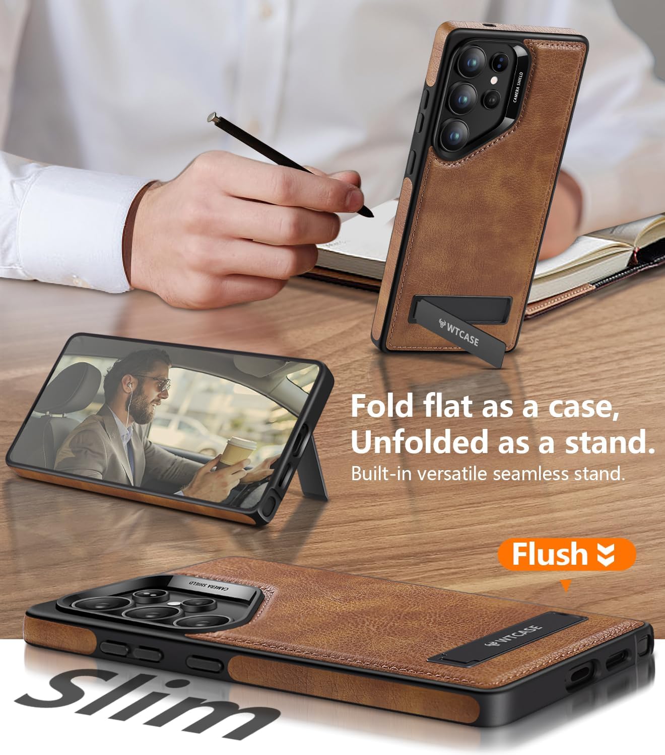 Strong Magnetic for Samsung Galaxy S25 Ultra Case Leather,[Compatible with MagSafe], Slim Adjustable Kickstand Phone Case for Samsung S25 Ultra (Brown) - Image 2