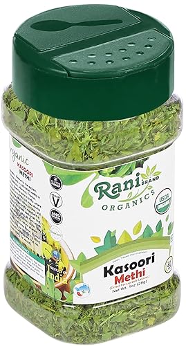 Miniatura 7 de Rani Hojas de fenogreco orgánicas secas (Kasoori Methi) 1 oz (28 g) Tarro PET  Todo natural  Vegano  Apto para gluten  Sin OMG  Origen indio