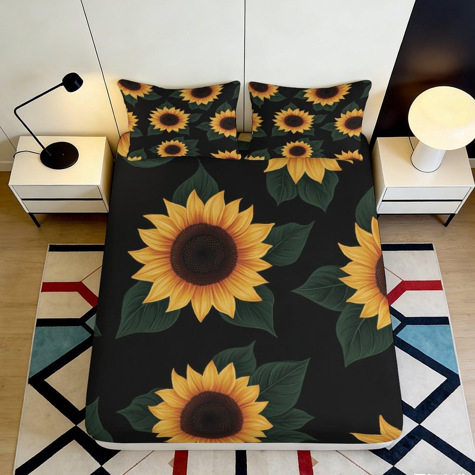 3D Printed Sunflower Fitted Sheet Microfiber Soft Breathable Floral Bed Cover for Bedroom Dormitory Guest Room Mattress Protection Decor 200x200x25cm