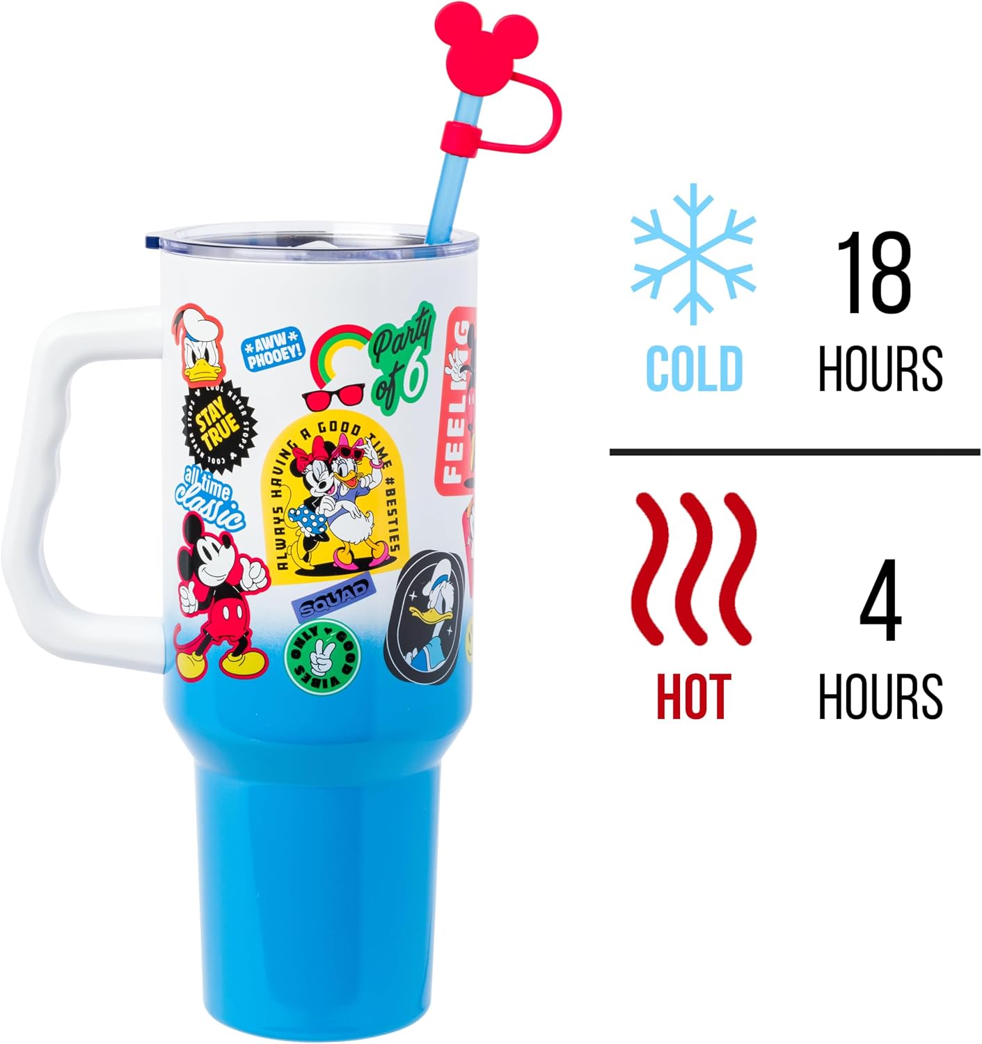 Silver Buffalo Disney Mickey Mouse Stainless Steel Tumbler with Straw Cover, Lid, Straw, and Handle Featuring Donald Duck, Daisy Duck, Minnie Mouse, Mickey Mouse, Goofy, and Pluto, 40 Ounces
