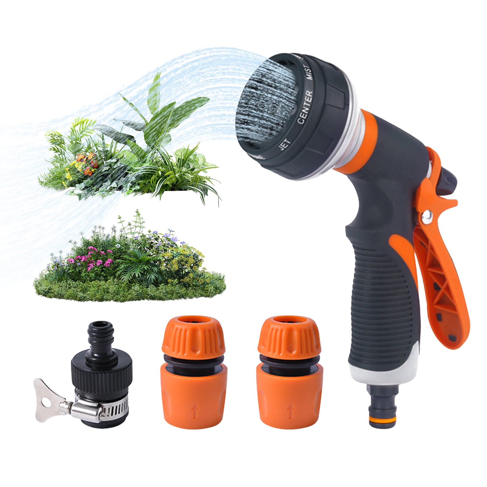 Garden Hose Spray Gun Set - 8 Pattern High Pressure Hose Nozzle with Hose Connectors & Fittings, Ergonomic Anti-Slip Handle, Hands-Free Lock for Watering Plants, Car Washing - Orange/Black