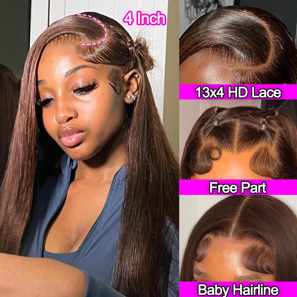 Brown Lace Front Wigs Human Hair Straight 13x4 HD Lace Wigs Human Hair for Black Women with 180 Density 18 Inch Long Bob 4# Color