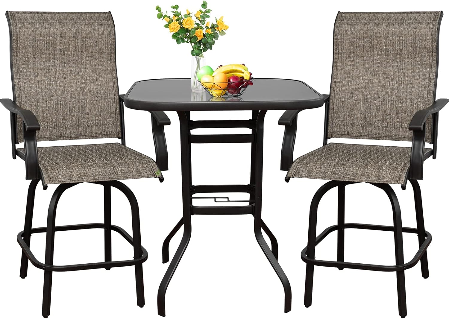 3 PC Outdoor Swivel Bar Sets, All Weather Height Patio Chairs and Coffee Table with Umbrella Hole, Hign Stools Bistro Set Furniture for Yard Cafes Chic Bars Bistro, Dark Brown, 2 &1