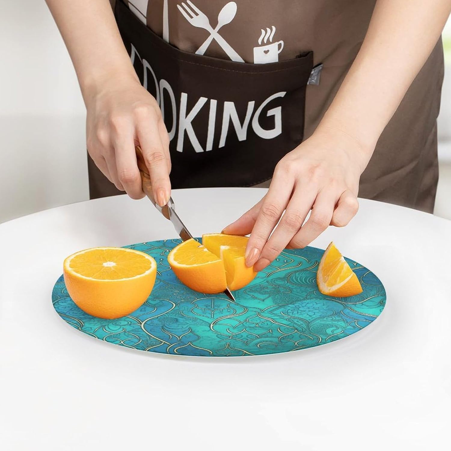 Turquoise Pattern Chopping Block Tempered Glass Cutting Board Mats Round Countertop Cutting Boards Small Charcuterie Boards Bar Cheese Board Snack Tray