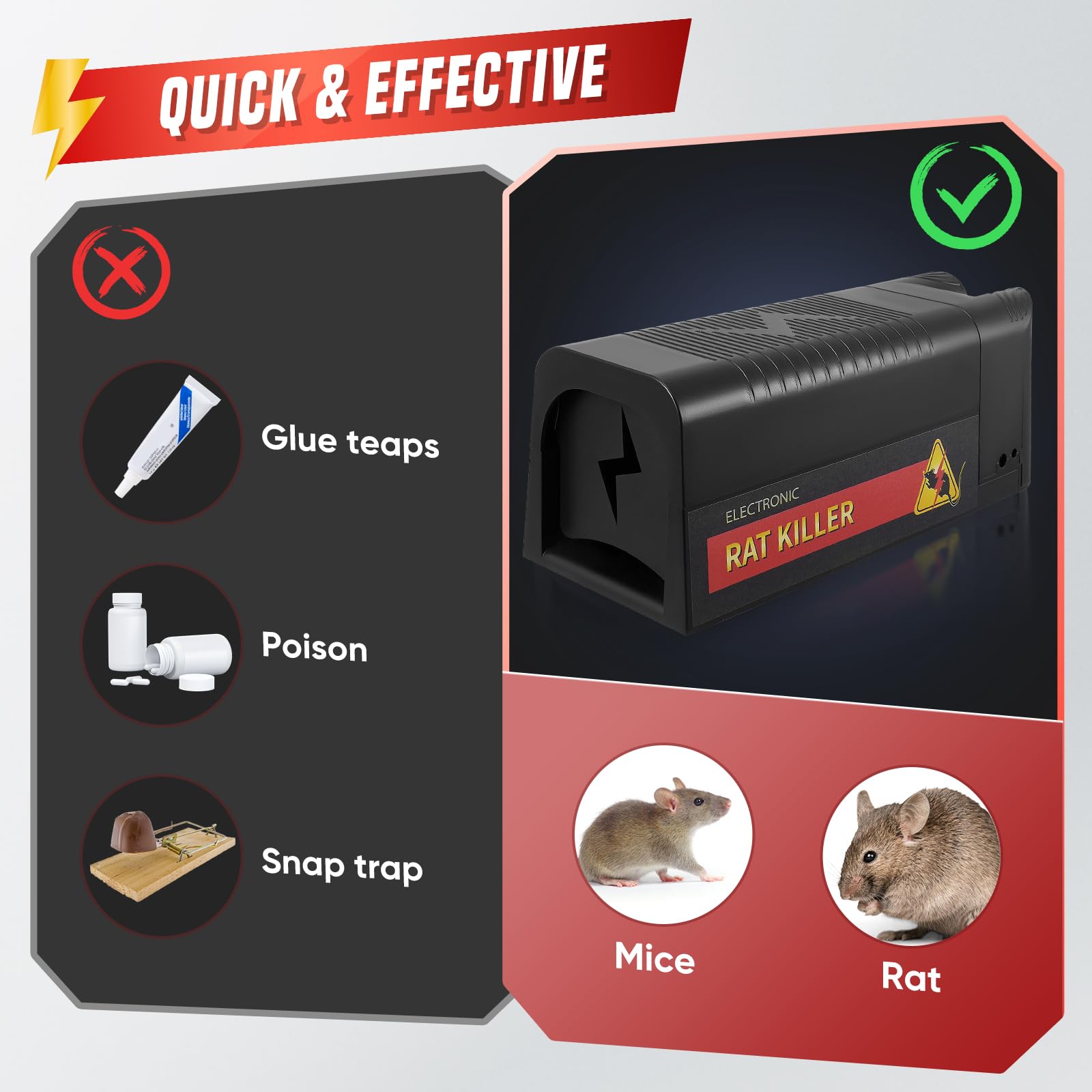 Trappola Elettrica topi per interni, 2 opzioni di alimentazione, Trappola elettrica per topis senza contatto, Anti-fuga, efficace trappola elettrica per topi, per cucine, garage, uffici